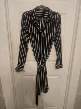 Lauren Ralph Lauren Black and White Striped Tie-Waist Long Sleeve Dress